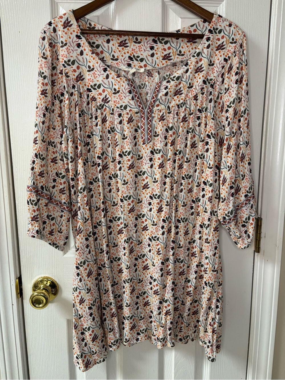 indigo soul Cream Tunic Dress with Rust, Olive & Navy Leaf Print
